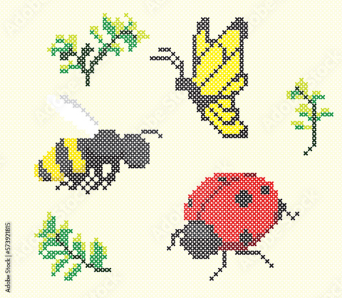 Cross Stitch Vector Element Insect Butterfly Bee Beetle Embroidery
