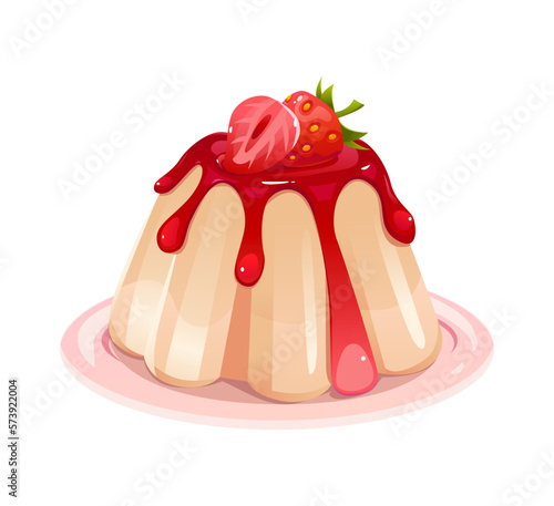 Panna Cotta with Strawberries Isolated. Traditional Italian Sweet Dessert on a Plate. Food Icon. Vector Illustration in Cartoon Style.