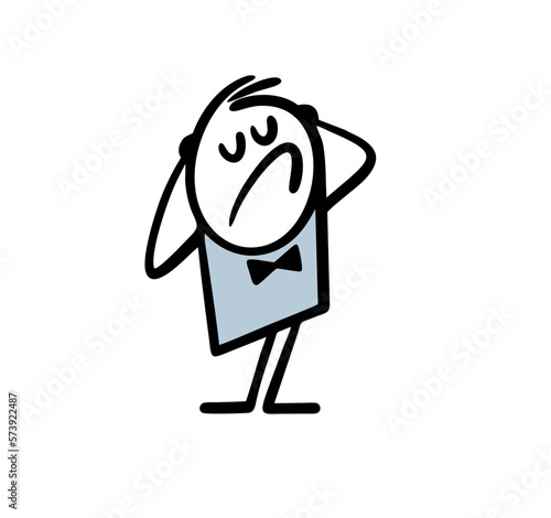 Cartook stick figure man artist in tie bow holds head and play performance on the stage theatre.