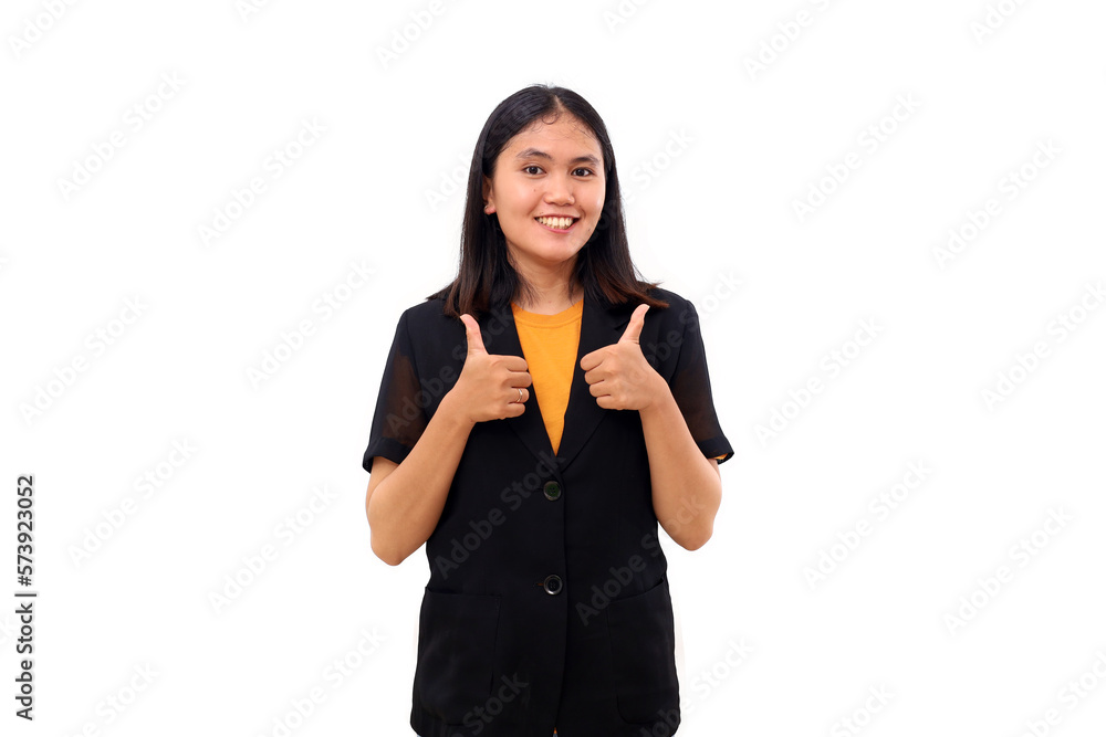 Portrait of happy Young asian business woman standing while showing thumbs up. Isolated on white Portrait of happy Young asian business woman standing while showing thumbs up. Isolated on white