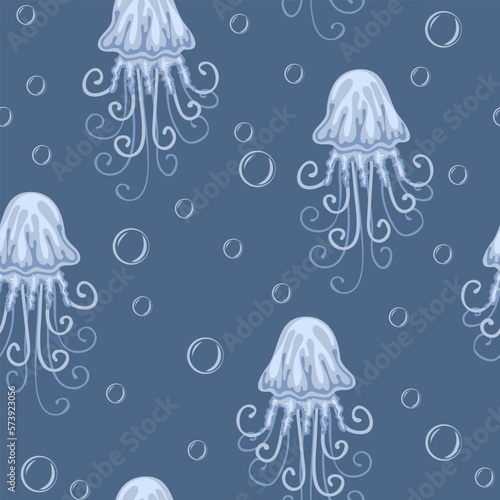 Seamless pattern with jellyfishes. Marine dwellers. Concept of sea and ocean life. Modern print for fabric, textiles, wrapping paper. Vector illustration