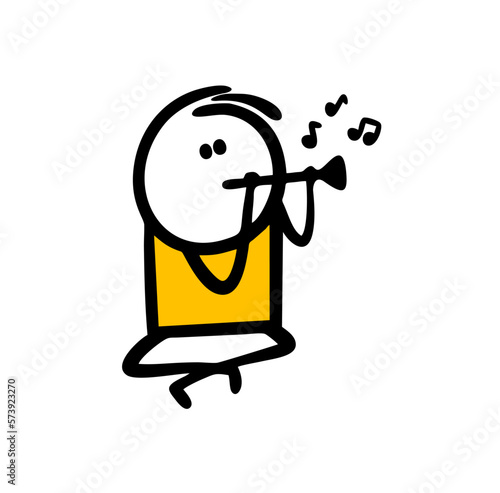 Stick figure street musician in India plays a pipe and conjures snakes.