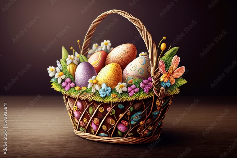 Easter basket with painted eggs and spring flowers on wooden table