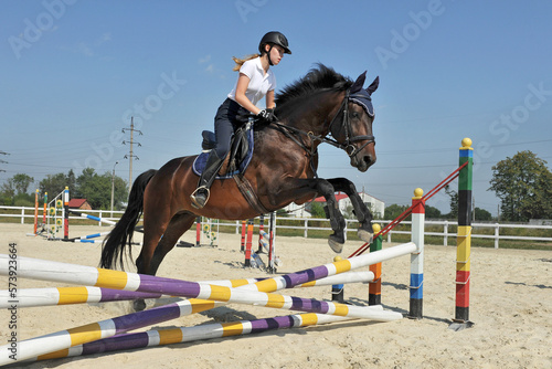 Young girl on her bay horse jumps over a barrier on training. © Mykola