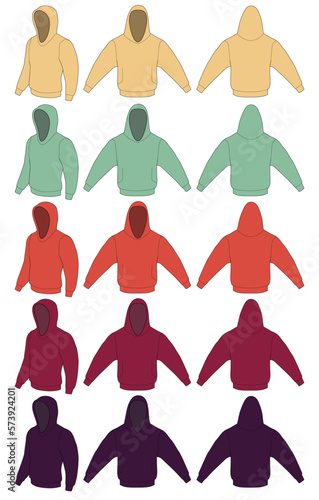 Set of colorful Hoodies templates (front-face, back and side-full face angle) vector isolated on white background mock up shape for your print design.