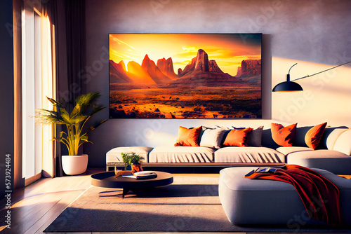 Living room with Big TV on the  wall in the room in a modern style. Elegant lixury living room with big tv screen.  Generative AI. photo