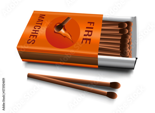 Realistic vintage matches and matchbox. 3D view isolated on white background