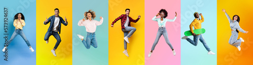 Diverse Positive Excited Young People Jumping On Colorful Backgrounds, Collage