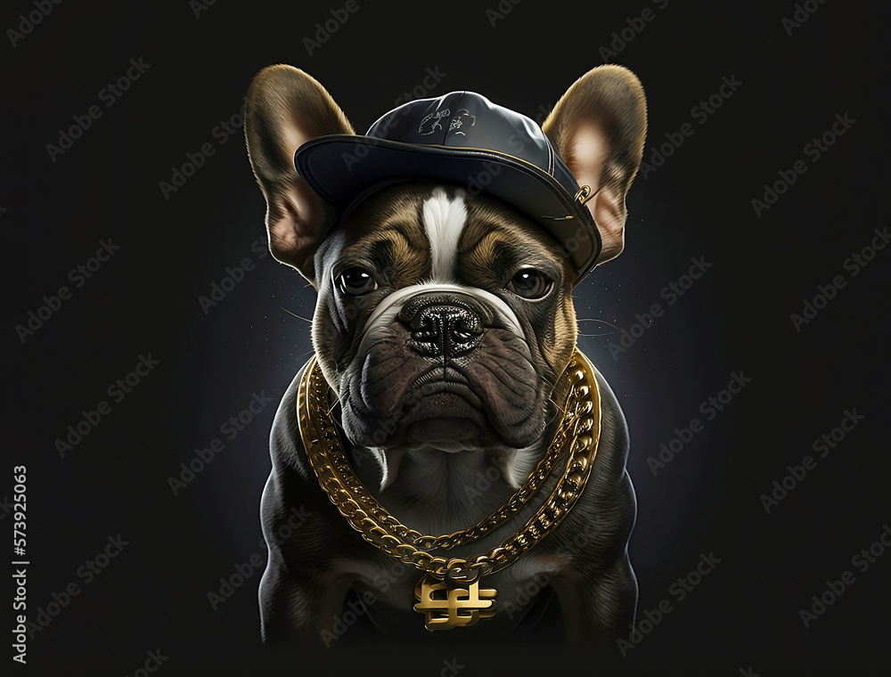 Cool french bulldog in cap and gold chain. Super realistic dog