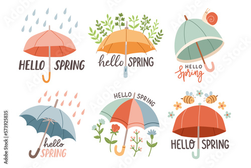 Hello Spring set hand drawn flat vector illustration. Lettering spring season with umbrella for greeting card © spirka.art