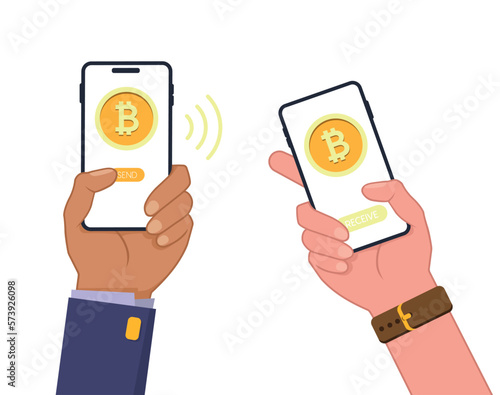 Smartphone mockup in human hand. Sen and receive bitcoin money operation from crypto wallet. Vector colorful technology illustration 10 eps.