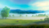 Misty Morning Meadows Scene. Generative AI.