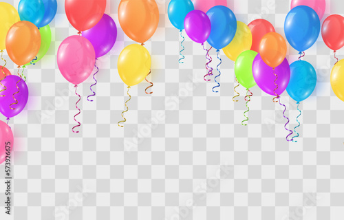 Vector colorful balloons isolated on png background. Realistic festive 3d helium balloons template for anniversary, Birthday party design. Vector illustration on transparent background