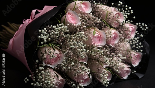  a bouquet of pink roses and white baby s breath.  generative ai