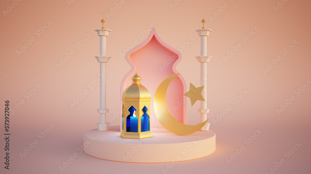 Islamic decoration background for Ramadan with lantern and mosque 3D rendering Islamic decoration background for Ramadan with lantern and mosque 3D rendering