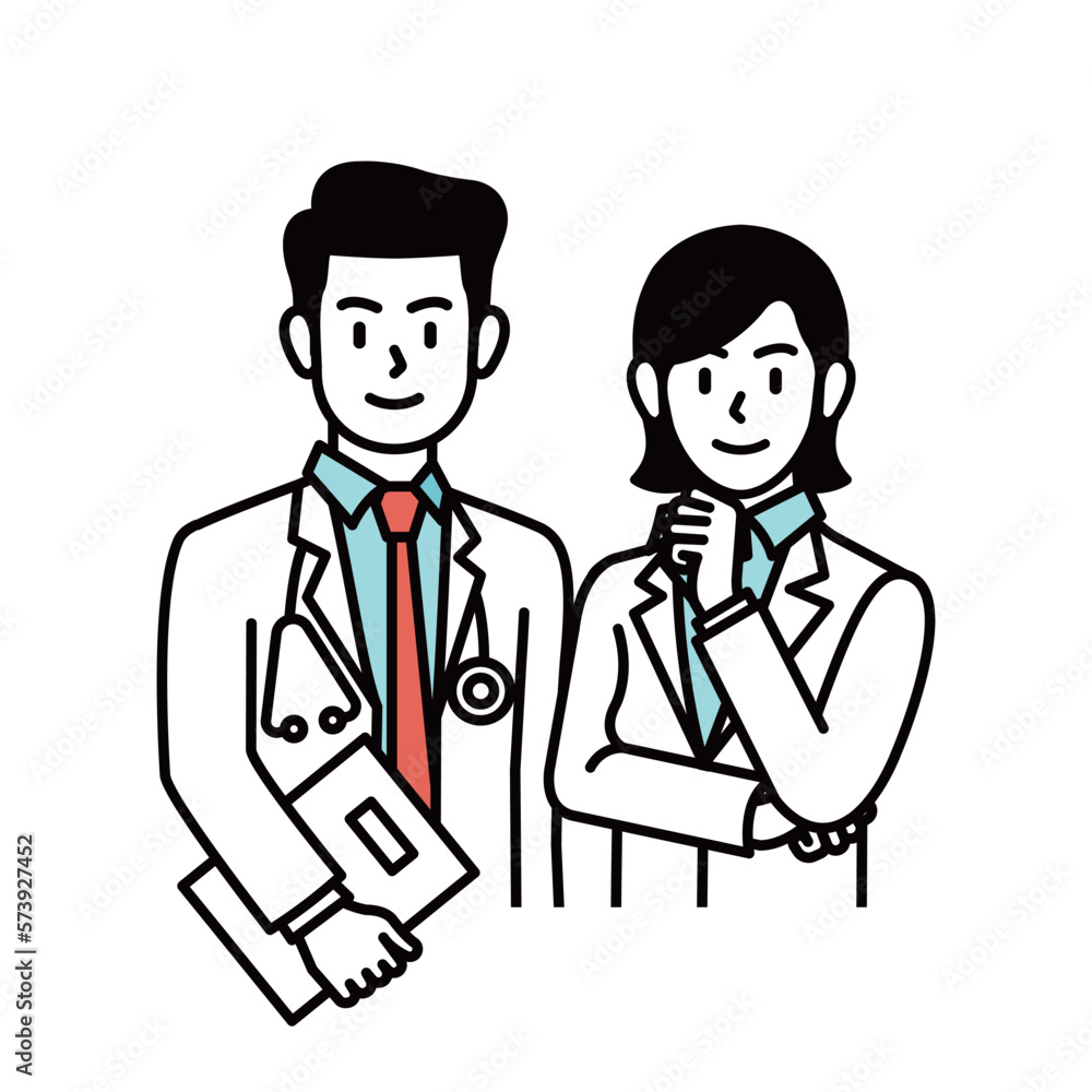 Cartoon illustration of smiling male doctor and female doctor standing together for medicine, health and medical service. Cartoon illustration of smiling male doctor and female doctor standing together for medicine, health and medical service.