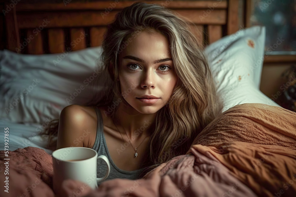 front view of sexy undressed young woman lying in bed in bedroom Stock-Illustration Adobe Stock