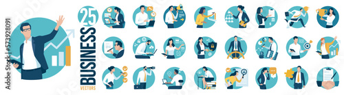 Business people, business work, job positions. Set of 25 simple, circle shaped, flat style business vector illustrations.