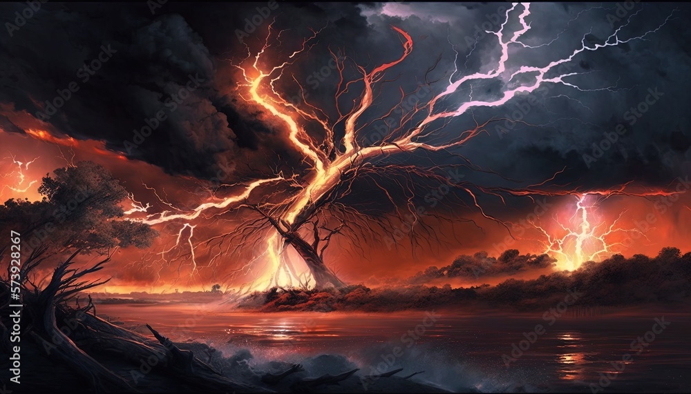  a painting of a tree with lightning in the sky above it.  generative ai