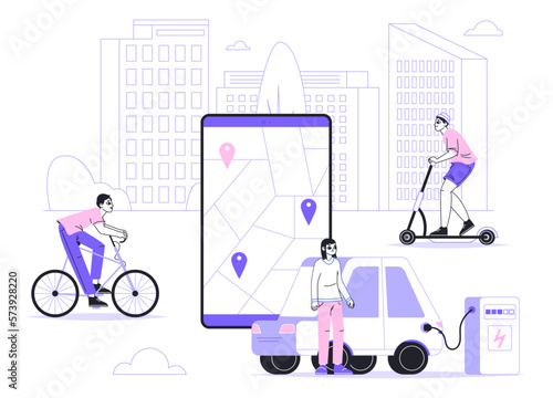 City transport rental app. Modern eco transportation sharing, people riding rental electric car, kick scooter and bicycle flat vector illustration