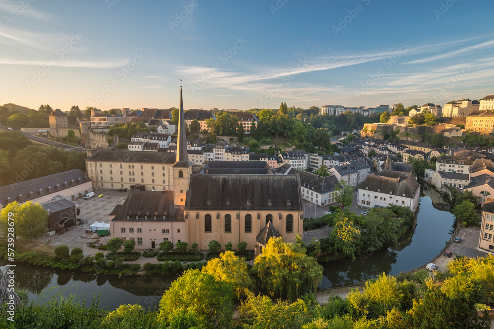 Grand Duchy of Luxembourg, sunrise city skyline at Grund along Alzette river in the historical old town of Luxembourg