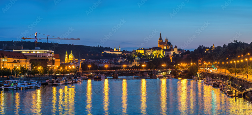 Prague Czechia Czech Republic, panorama city skyline night at Vltava River and Prague Castle Prague Czechia Czech Republic, panorama city skyline night at Vltava River and Prague Castle