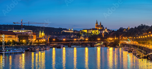 Prague Czechia Czech Republic, panorama city skyline night at Vltava River and Prague Castle