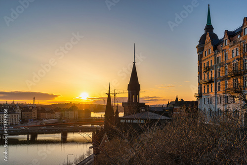 Stockholm Sweden, sunrise city skyline at Gamla Stan and Slussen photo