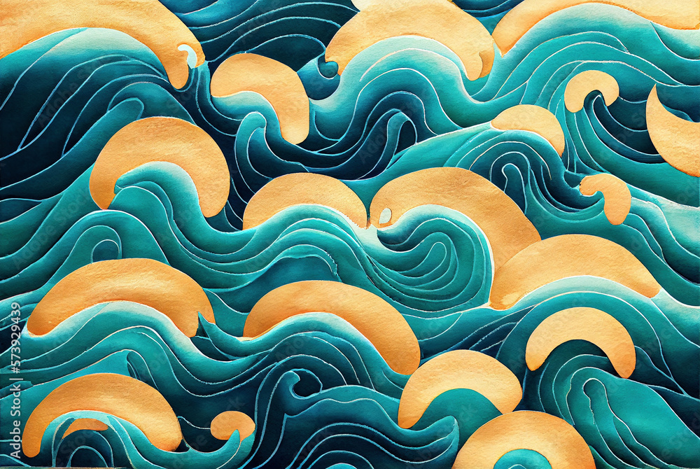 Sea waves pattern abstract background, blue and gold volumetric waves ...