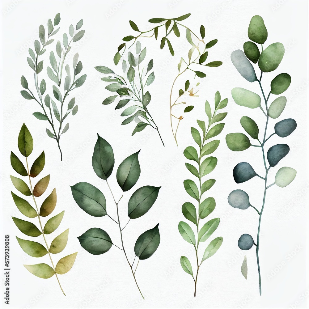 Drawing of a set of flower leaves on a white background watercolor paint Generative AI Drawing of a set of flower leaves on a white background watercolor paint Generative AI