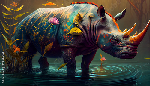  Fantastic Tropical Surreal Rhinoceros. Generative AI © EwaStudio