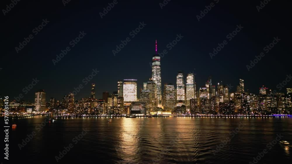 Aerial view over the skyline of Manhattan New York City at night - drone photography Aerial view over the skyline of Manhattan New York City at night - drone photography