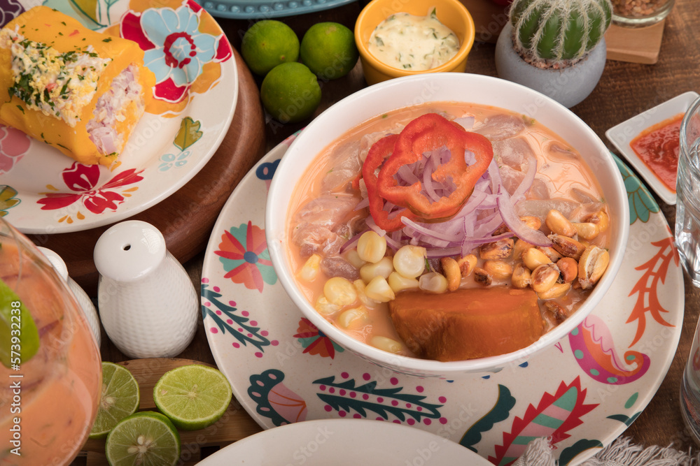 Sea food ceviche Assorted food plates Peru traditional comfort food buffet table Sea food ceviche Assorted food plates Peru traditional comfort food buffet table
