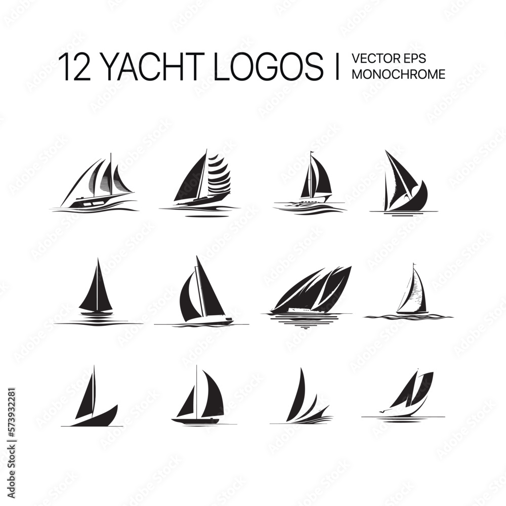 Set of yachts with sails. Illustration of sailboats. Vector yacht logos collection.