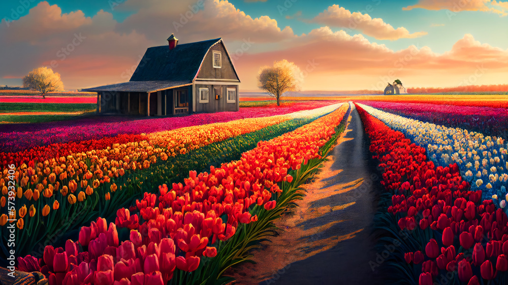 Colorful Tulip Fields in a Vast Open Landscape.   A Panoramic View of Blooming Meadows. Generative AI - obrazy, fototapety, plakaty 