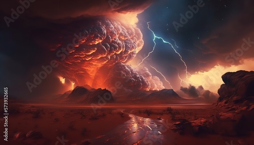 Extraterrestrial scene with a storm on an alien planet. Generative Ai.