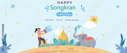 Songkran Thailand festival horizontal banner with water bowl, splashing, gun water, sand illustration background.