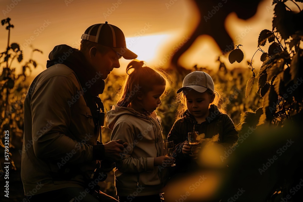 Ai illustration of a father and his children spending the time together on a spring evening