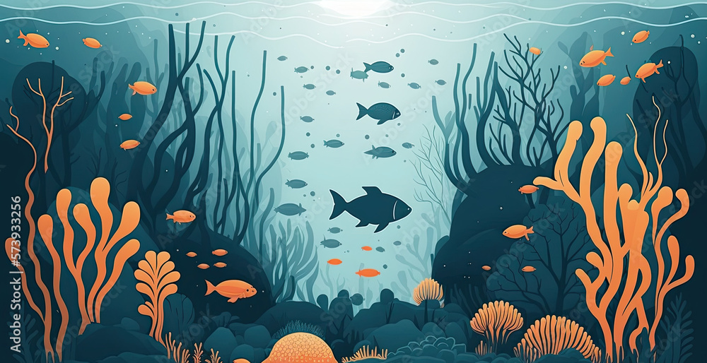 Underwater - Minimalistic flat design landscape illustration. Image for a wallpaper, background, postcard or poster. Generative AI - obrazy, fototapety, plakaty 