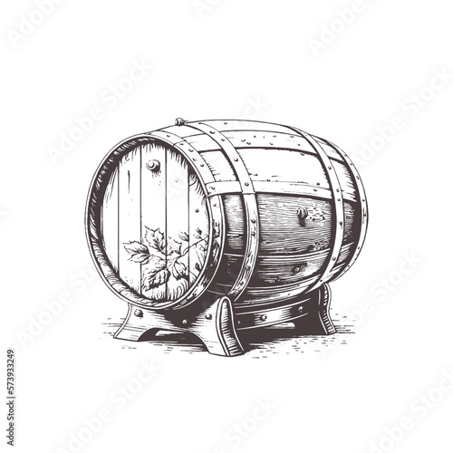 Vector wooden barrel. Hand drawn vintage illustration in engraved style. Alcohol, wine, beer or whiskey old wood keg. Great for pub or restaurant menu, label, poster, logo. © Mashaki