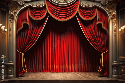 Theater stage with red curtains, spotlights and empty seats rows. Theatre interior with wooden floor. Scene with luxury velvet drapes, music hall, opera, drama background 