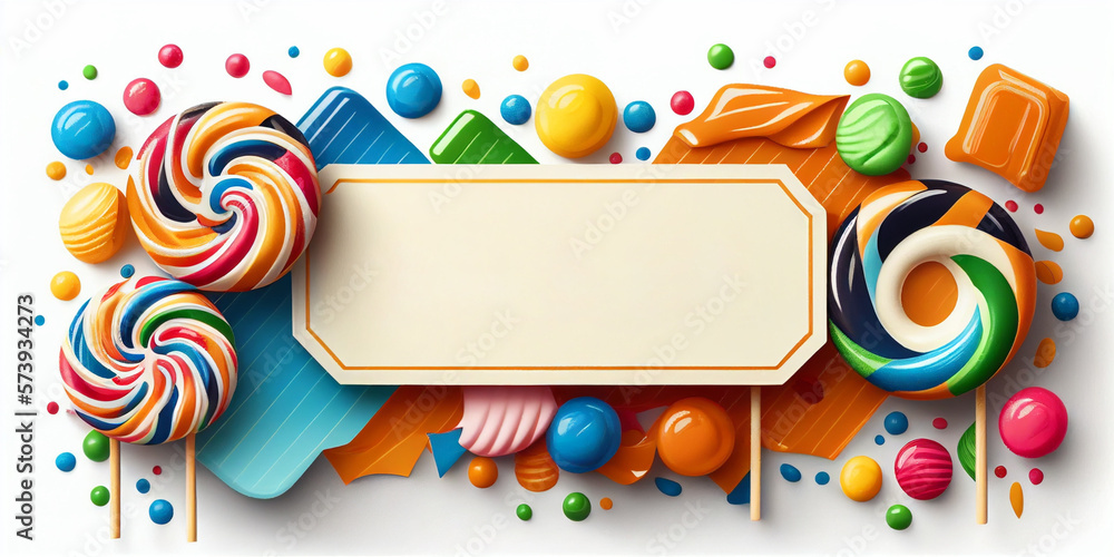 An assortment of vibrant sweets and lollipops playfully arranged around a central label, ideal for fun and festive occasions. An assortment of vibrant sweets and lollipops playfully arranged around a central label, ideal for fun and festive occasions.