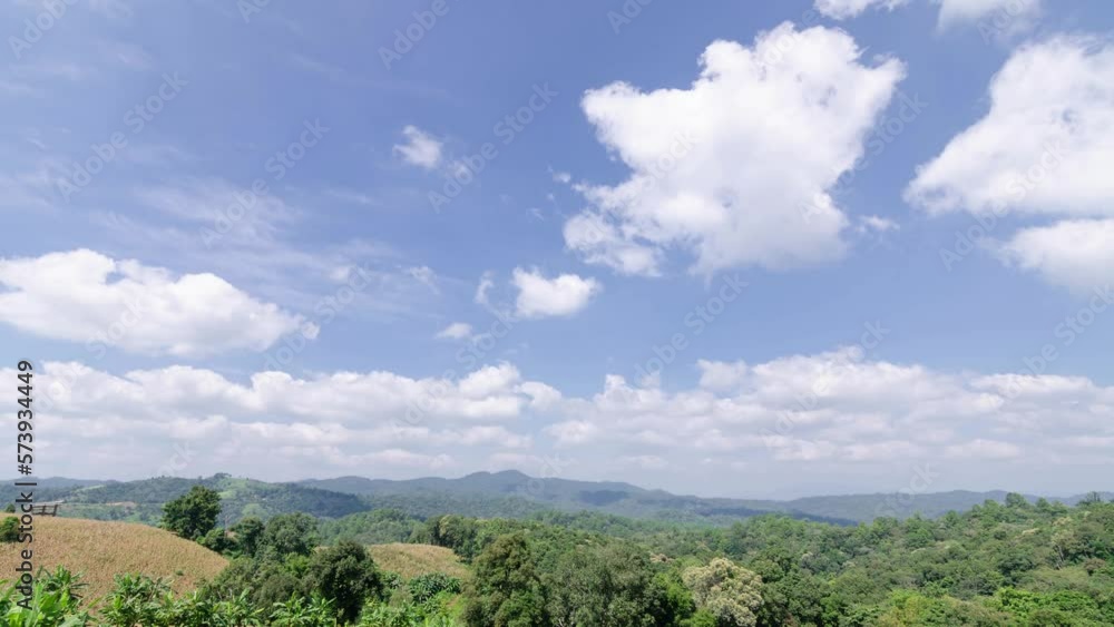 timelapse view of natural winter mountain range with some cloud fog.Flores tropical paradise. Mountain Range under clear blue sky, Aerial View.