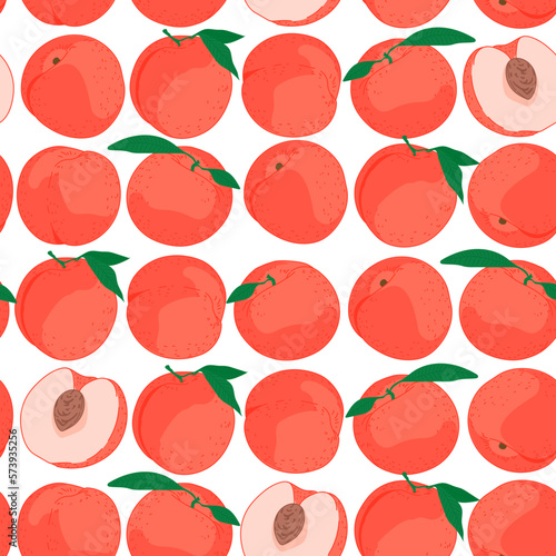 Seamless peach fruit pattern. Vector illustration of fruits. Summer tropical endless background. Vector design of fruits for labels, fabrics, packaging.