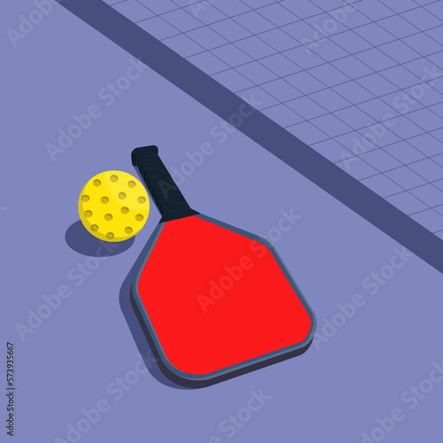 Pickleball paddle and ball on the court. Net shadow. Flat modern vector illustration.