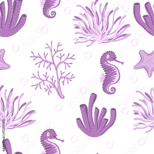 Seamless pattern with seahorses, starfishes, corals and seaweed.  Underwater flora, sea plants and dwellers. Modern print for fabric, textiles, wrapping paper. Vector illustration