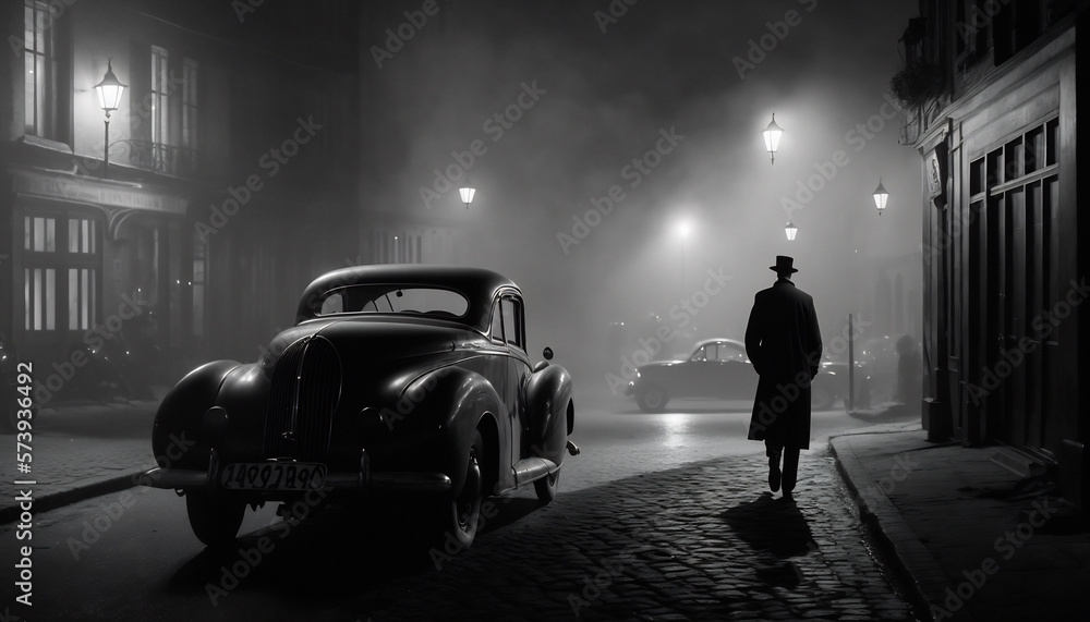 Monochrome film detective illustration with vintage cars, black and white noir detective