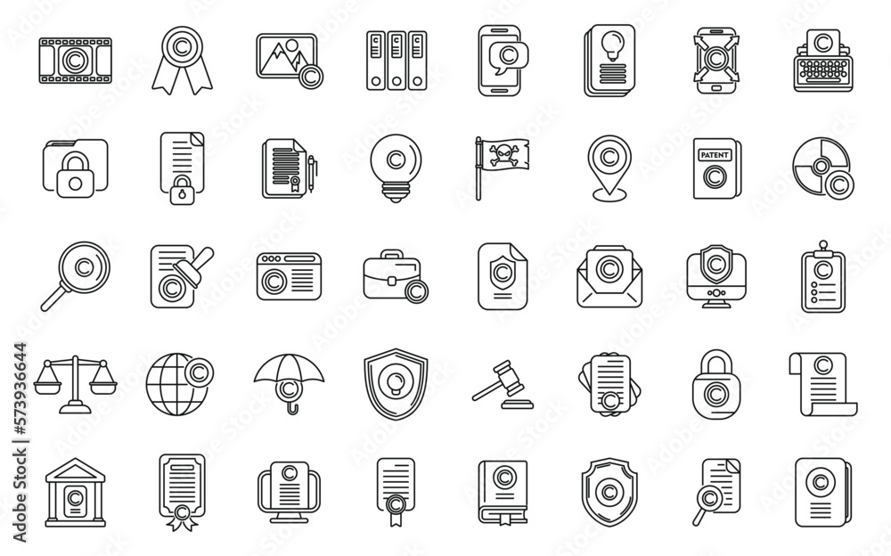 Copyright law icons set outline vector. Author contract. Property patent