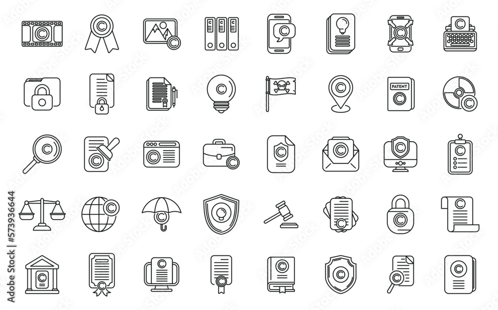 Copyright law icons set outline vector. Author contract. Property patent Copyright law icons set outline vector. Author contract. Property patent