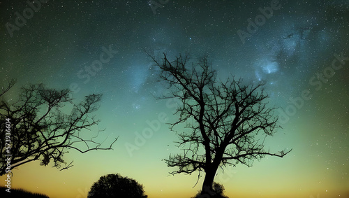 幻想的な星空と木のシルエット